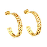 C-Shape Openwork Flower Earrings Thick1.4*W5*H25mm Goldtone