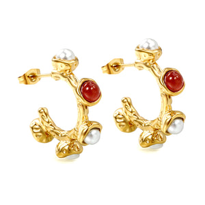 Half Round with 1pc 4mm Red Zircon + 4pcs 4mm White Pearls earring clips Thick2.4*High24.4mm Gold color