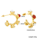 Half Round with 1pc 4mm Red Zircon + 4pcs 4mm White Pearls earring clips Thick2.4*High24.4mm Gold color