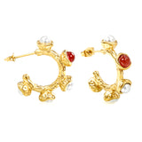 Half Round with 1pc 4mm Red Zircon + 4pcs 4mm White Pearls earring clips Thick2.4*High24.4mm Gold color