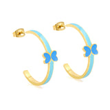 C-Shape with pink/blue oil drip 8*5.6mm butterfly earrings 27.8mm gold color