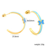 C-Shape with pink/blue oil drip 8*5.6mm butterfly earrings 27.8mm gold color