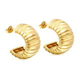 C-Shaped Horizontal Ripple Stud Earrings 14.8*25mm Gold Color