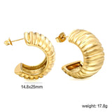 C-Shaped Horizontal Ripple Stud Earrings 14.8*25mm Gold Color