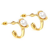 17.8mm Shaped Square Open Hole Earrings with 7mm White Pearls Gold Color