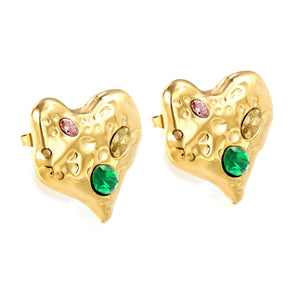 Crooked Heart Mixed Color Diamond Earrings 19.7*20mm Gold Color