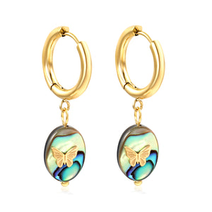 2.5*12.2mm circle + 10.4*14.3mm oval abalone shell with butterfly earrings gold color