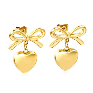 19.7*12.4mm Bow+13mm Heart Stud Earrings Gold Color