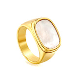 Cast Crafted Sticky White Oversized Shell Ring Square Gold Polished Stainless Steel Ring Wholesale