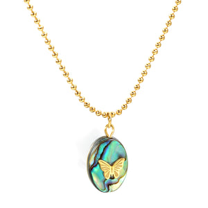 10.4*14.3mm Oval Abalone Shell with Butterfly Pendant Necklace 1.5mm*45+5cm+6mm Round Plaque Gold Color