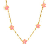 5 6.7mm cherry blossoms with pink oil drop necklace cross 0.35mm*40+5cm+6mm round tag Gold color