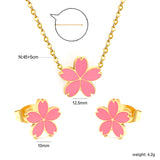 10mm Cherry Blossom with Pink Drip Earrings + 12.5mm Pendant Set Cross 0.3mm*45+5cm+6mm Round Gold Color