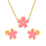 10mm Cherry Blossom with Pink Drip Earrings + 12.5mm Pendant Set Cross 0.3mm*45+5cm+6mm Round Gold Color