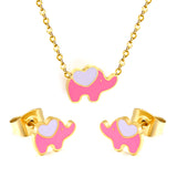 8.6*6.4mm small elephant with pink oil drop earrings +12.2*9mm pendant set cross 0.3mm*45+5cm+6mm round plate Gold color