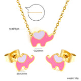 8.6*6.4mm small elephant with pink oil drop earrings +12.2*9mm pendant set cross 0.3mm*45+5cm+6mm round plate Gold color