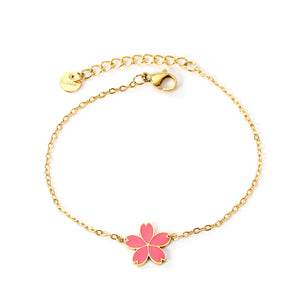 12mm Cherry Blossom with Pink Drip Oil Bracelet Cross 0.4mm*17+3cm+6mm Round Plaque GOLDEN