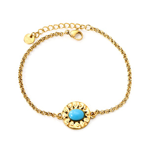 15.5mm Round Cake with 6*8.3mm Oval Bluestone Bracelet 17+3cm Gold color