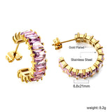 C-Shape with Two Catch Baguette White&Purple&Green&Mixed Diamond Stud Earrings 6.8*21mm