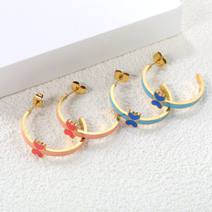 C-Shape with pink/blue oil drip 8*5.6mm butterfly earrings 27.8mm gold color