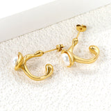 17.8mm Shaped Square Open Hole Earrings with 7mm White Pearls Gold Color