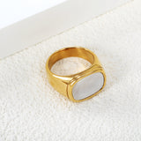 Cast Crafted Sticky White Oversized Shell Ring Square Gold Polished Stainless Steel Ring Wholesale