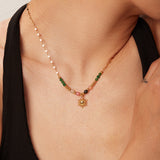 Bohemian - style Gold - toned Necklace with Green Beads and Sun - shaped Pendant - Customize only