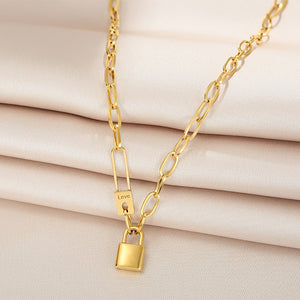 Trendy Gold - toned Padlock Pendant Link Necklace - Customize only