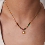 Bohemian - style Gold - toned Necklace with Green Beads and Sun - shaped Pendant - Customize only