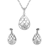 Gold/steel emery mesh hollowed out teardrop interior + diamond jewelry set