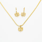 Stylish gold - toned four - leaf clover necklace and earring ensemble, available for personalization.