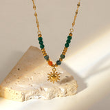 Bohemian - style Gold - toned Necklace with Green Beads and Sun - shaped Pendant - Customize only