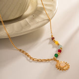 Vibrant Beaded Gold - toned Sun - shaped Pendant Necklace - Customize only