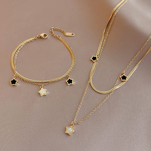 Charming Gold - toned Jewelry Set with Star and Black Gemstone Accents (Bracelet and Necklace) - Customize only