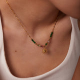 Bohemian - style Gold - toned Necklace with Green Beads and Sun - shaped Pendant - Customize only