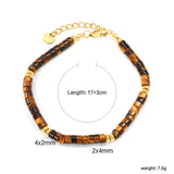 2.8*4.5 Cylindrical Tiger's Eye/Zi Yuandan/Indian Agate/Emperor's Pine/Shoushan Stone+4*2mm Round Flat Steel Beads Bracelet 17+3cm+6mm Round Plaque Gold Color