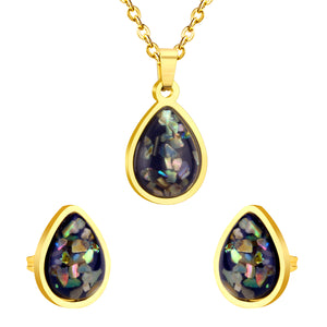 Gold/Steel Oval Black Flower Stone Jewelry Set