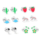 12 pairs Pop earplug rainbow stud earrings steel color/golden color