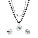 Blue eyes + black bead chain set steel/golden