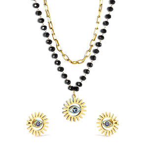 Blue eyes + black bead chain set steel/golden