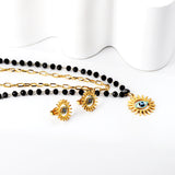 Blue eyes + black bead chain set steel/golden