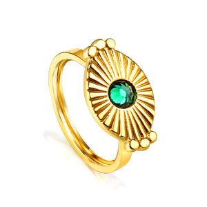 18K Gold Plated Stainless Steel Natural Green Stone Sun Shaped Ring Punk Style Ring