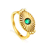 18K Gold Plated Stainless Steel Natural Green Stone Sun Shaped Ring Punk Style Ring