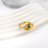 18K Gold Plated Stainless Steel Natural Green Stone Sun Shaped Ring Punk Style Ring