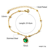 Gold round accessories with green diamonds + bead chain anklet 21+5cm