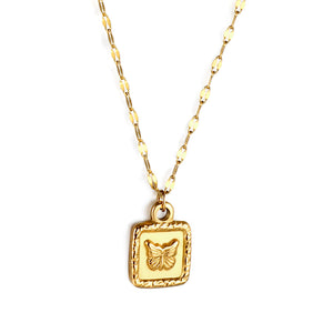 Golden Square Pendant Necklace with Butterfly Pattern 45+5cm