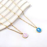 Collier Pendentif Rond Bleu avec Motif Eclair 45+5cm