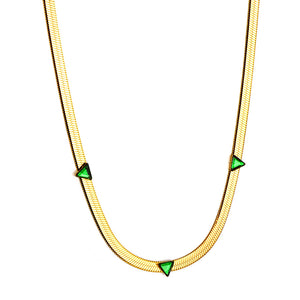 3 Triangle Green Diamond Pendant Necklace 41+5cm Gold Color