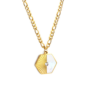 Collier pendentif hexagonal avec demi coquillage blanc et diamants 50+5cm