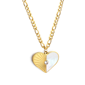 Heart with Half White Shell with Diamonds Pendant Necklace 50+5cm