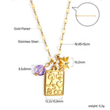 Lucky Star with White Diamonds + Rectangular Engraved Pattern + Purple Zirconia Pendant Necklace 45+5cm